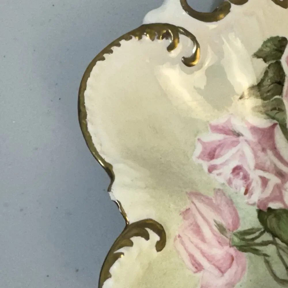 Early 20th Century Antique Hand Painted Roses Gold Gilt Porcelain Trinket Tray